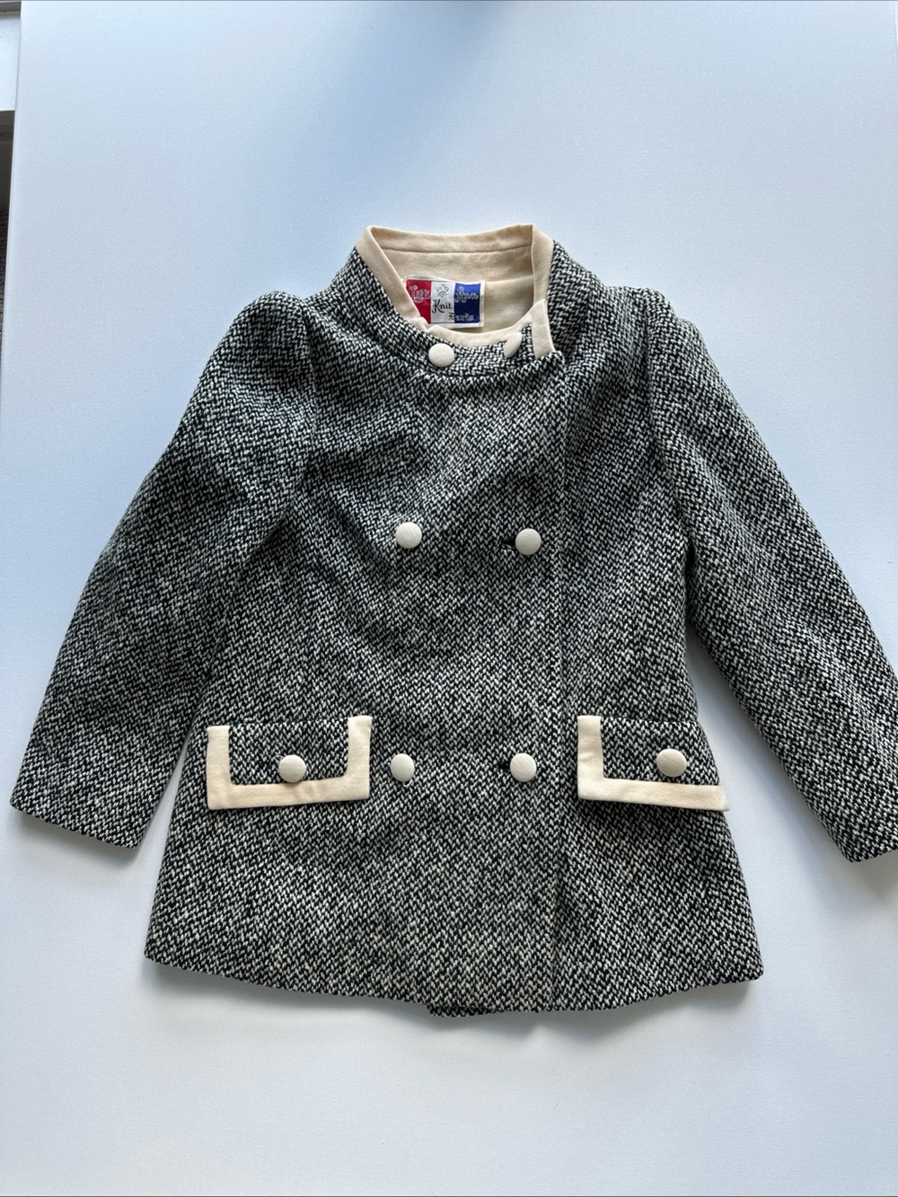 Vintage Lilli Ann Knit Paris Black White Tweed Knit Coat Jacket Cream Trim